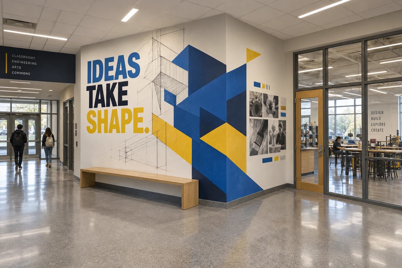 Illustrative identity concept for a shared engineering and arts commons. Drawn lines become solid blue forms around the wall return, beside images of making.