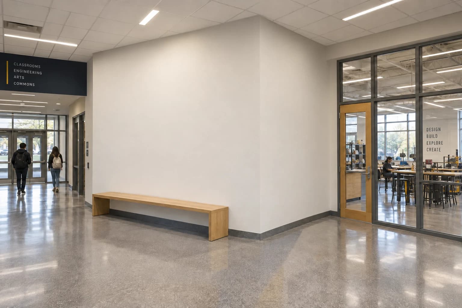 The central feature wall without the illustrative identity graphics. The surrounding school commons is held constant.